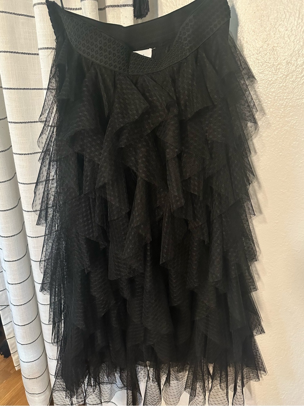 Black Ruffled Tulle Midi Skirt